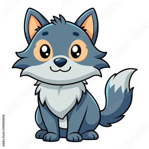A cartoon wolf character sits happily, showcasing its fluffy fur and bright eyes. The playful design emphasizes its friendly demeanor and vibrant colors.