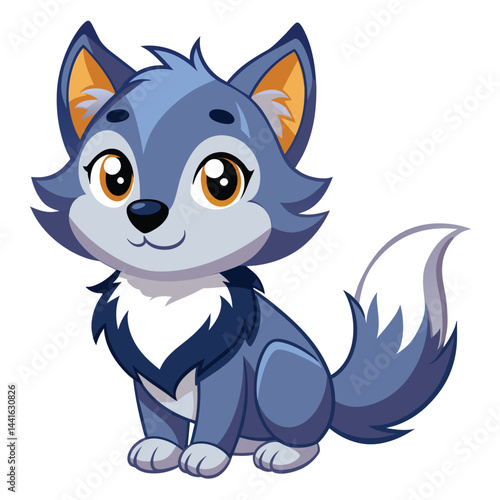 A delightful cartoon wolf with expressive eyes and a friendly smile sits against an orange backdrop, embodying joy and playfulness in its design.