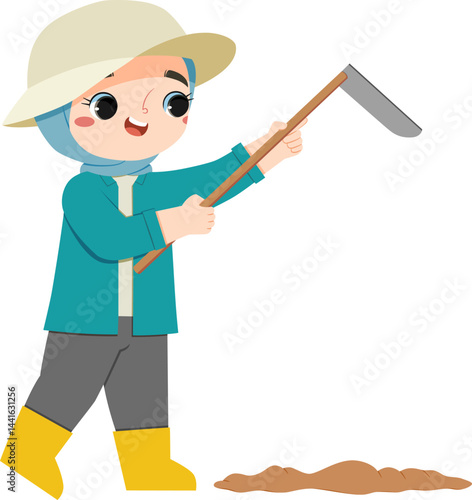 adorable european girl hoeing the ground