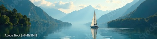 Small sailboat drifting across a serene mountain lake, sailboat, sunlight, glinting