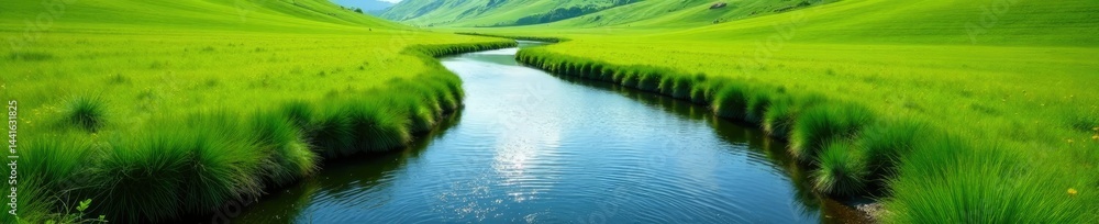 Serene river meandering through green pastures, water, meadow Serene river meandering through green pastures, water, meadow