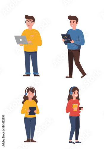 Simple flat design of four software engineer characters on a white background, modern, creative, colorful, and tech-savvy without any text.