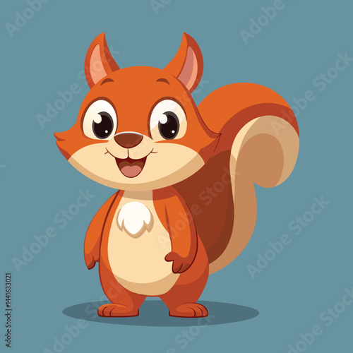 A cheerful cartoon squirrel stands with a friendly expression, featuring big eyes and a bushy tail, set against a bright, solid backdrop.