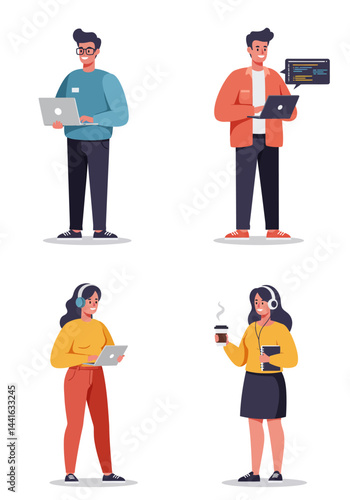 Simple flat design of four software engineer characters on a white background, modern, creative, colorful, and tech-savvy without any text.