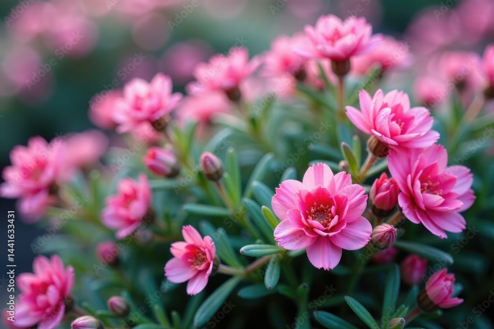 Obraz premium Pink petals and silver-gray foliage on a bushy shrub, mexican heather, bushy
