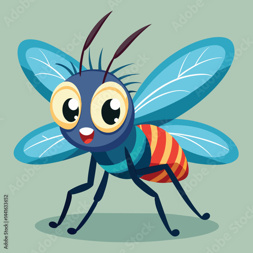 A colorful cartoon insect with big eyes and striped body stands happily, displaying its wings and bright features, inviting joy to viewers of all ages.