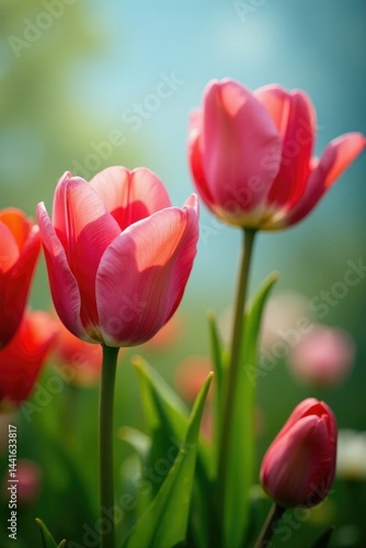 Pink and red tulips swaying gently in the breeze, gardens, color palette