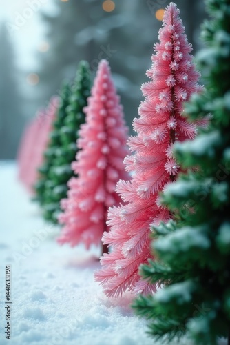 Pink and green Christmas trees in a row with matching pink and green ornaments, winter, holly, pine