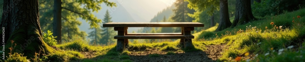 Fototapeta premium Holztisch im Wald mit einem wundersch?nen Felsvorsprung, alps, landscape, bench