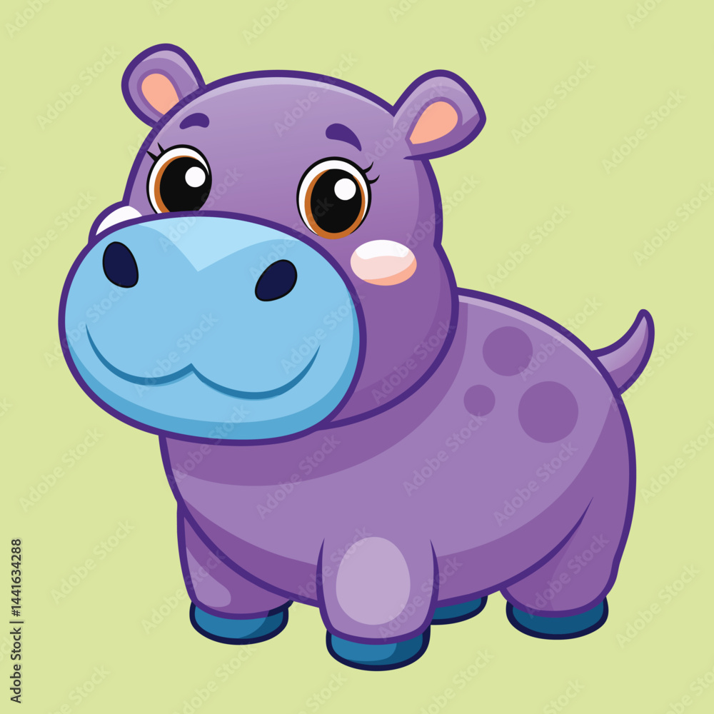 Fototapeta premium A cartoon hippo with a friendly expression stands against a soft yellow backdrop. Its round body and bright eyes create an inviting and cheerful appearance for kids.