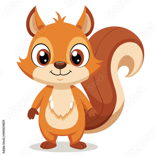 The cartoon squirrel stands upright and looks cheerful with its big eyes and smile, embodying a playful and friendly character in a vibrant blue setting.