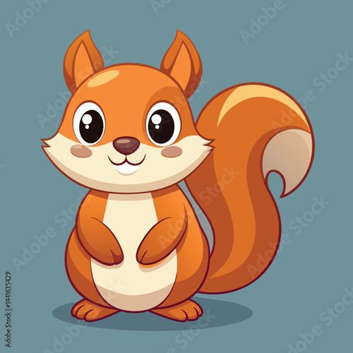 A cartoon-style squirrel character with vibrant orange fur and large expressive eyes stands with its hands on its belly, exuding charm and playfulness on a light backdrop.