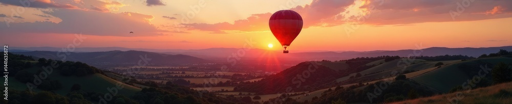Obraz premium Evening hot air balloon ride over rolling hills, peaceful scene, fields, sunset