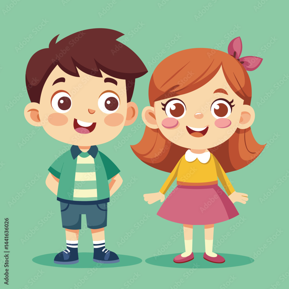 A boy in a pink shirt and blue jeans stands beside a girl wearing a green dress and a pink bow, both displaying joyful expressions suitable for a children's theme. A boy in a pink shirt and blue jeans stands beside a girl wearing a green dress and a pink bow, both displaying joyful expressions suitable for a children's theme.