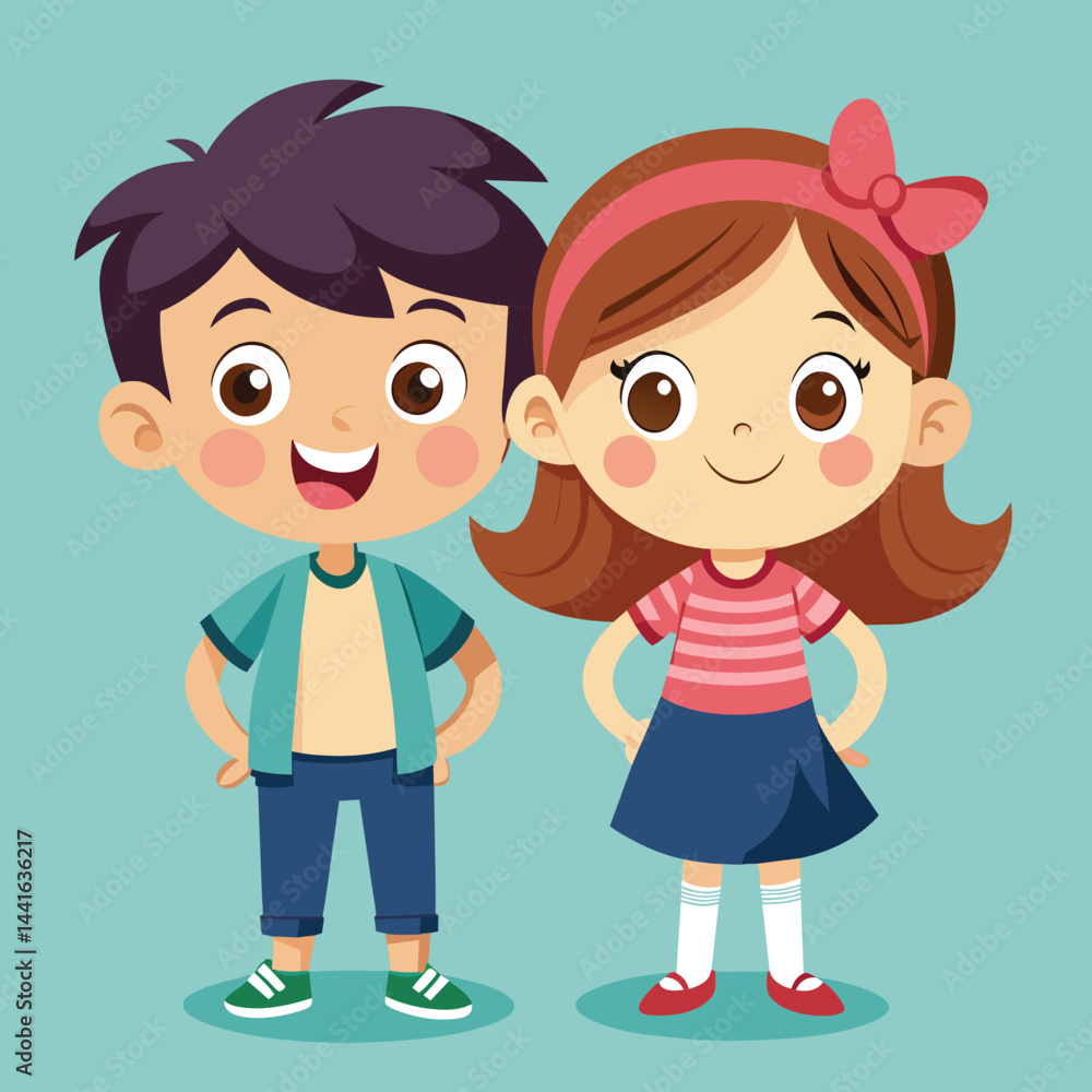 Two happy children are standing close together, smiling widely with friendly expressions, showcasing a fun, joyful mood against a colorful background. Two happy children are standing close together, smiling widely with friendly expressions, showcasing a fun, joyful mood against a colorful background.