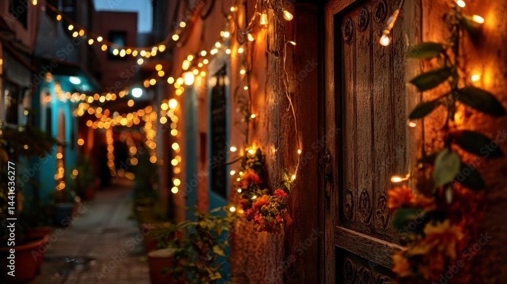 custom made wallpaper toronto digitalCozy narrow alleyway decorated with warm glowing string lights and flower arrangements on rustic wooden doors at dusk
