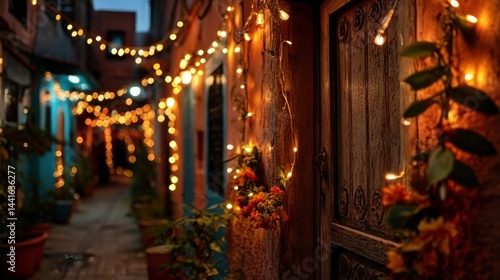 Wallpaper Mural Cozy narrow alleyway decorated with warm glowing string lights and flower arrangements on rustic wooden doors at dusk Torontodigital.ca