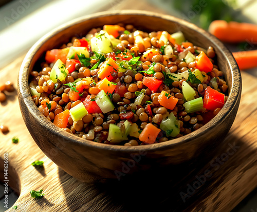 A vibrant lentil salad with fresh vegetables and herbs in a rustic bowl, perfect for a healthy and plant-based meal.