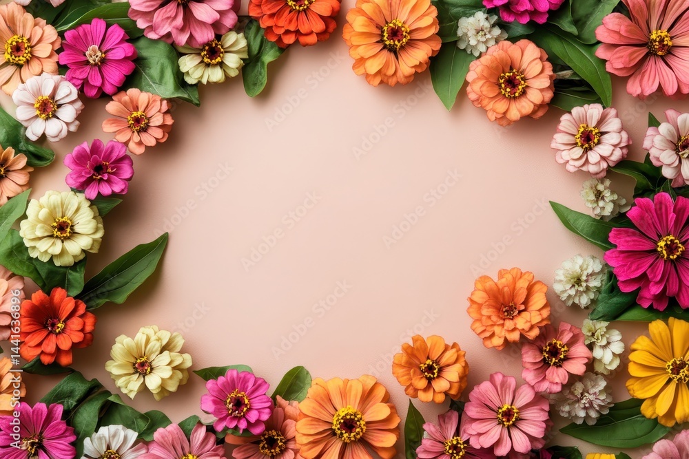 Holiday Text. Greeting Card Background with Zinnia Flowers Frame for Mother's Day Celebration Holiday Text. Greeting Card Background with Zinnia Flowers Frame for Mother's Day Celebration