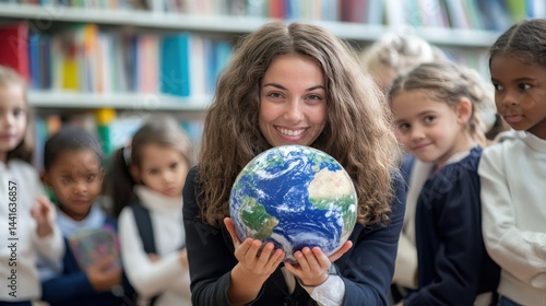 Female teacher holding a globe with diverse children in a classroom setting, smiling and engaged.