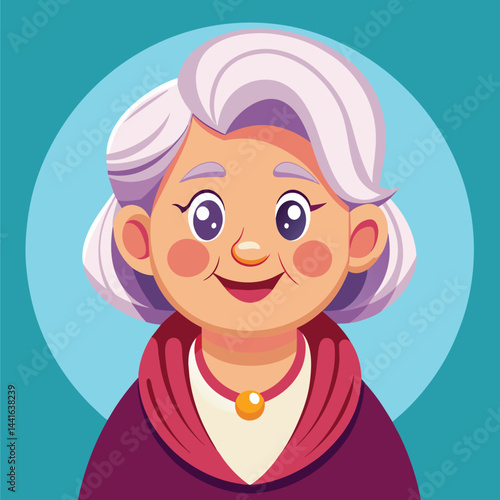 An elderly woman with expressive eyes and gray hair smiles warmly, wearing a colorful sweater and scarf, exuding a friendly and welcoming aura.
