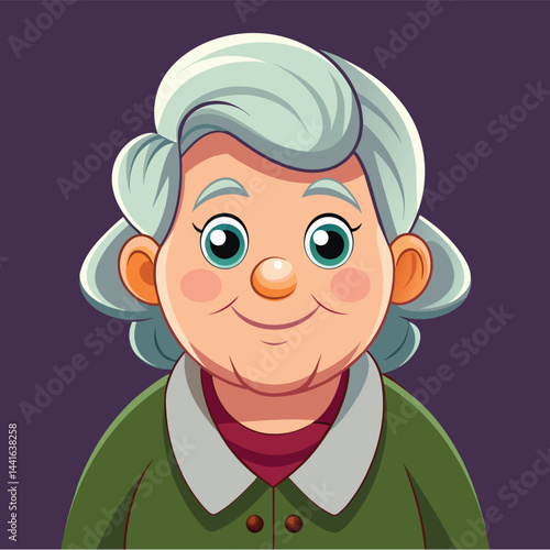 An elderly woman with gray hair smiles warmly, wearing a burgundy sweater and a golden necklace, set against a vibrant blue background. Her joyful expression radiates kindness.