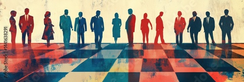 Political Power Struggle Represented on a Chessboard With Stylized Human Silhouettes Showcasing Conflict and Strategy