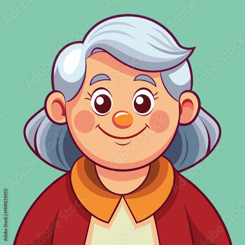 An elderly woman with curly gray hair and bright eyes smiles warmly while wearing a vibrant outfit. The background is a soothing pastel color, enhancing her cheerful demeanor.