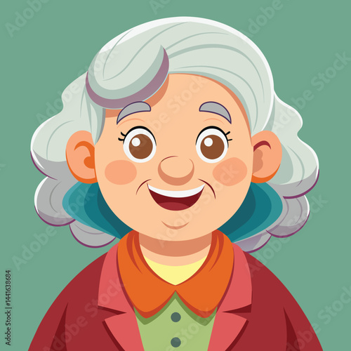 A cheerful elderly woman with gray hair and a purple headband is smiling warmly. She wears red earrings and a purple shirt with a yellow collar, radiating kindness.