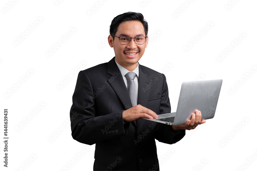 Smiling Asian businessman in suit holding and using laptop, isolated on transparent background Smiling Asian businessman in suit holding and using laptop, isolated on transparent background