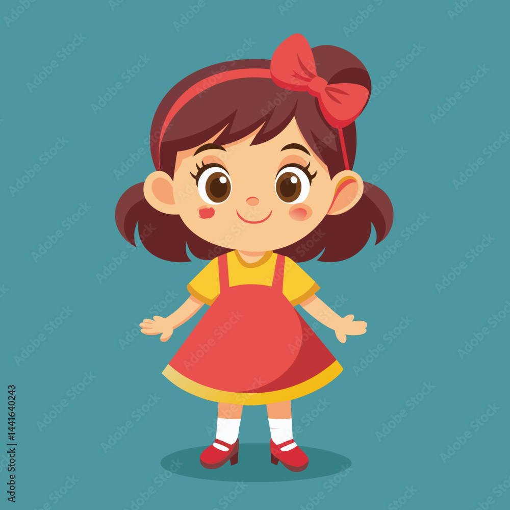 A happy girl stands confidently with a bright smile, wearing a red shirt and yellow skirt, paired with a green bow in her brown hair, creating a joyful atmosphere. A happy girl stands confidently with a bright smile, wearing a red shirt and yellow skirt, paired with a green bow in her brown hair, creating a joyful atmosphere.