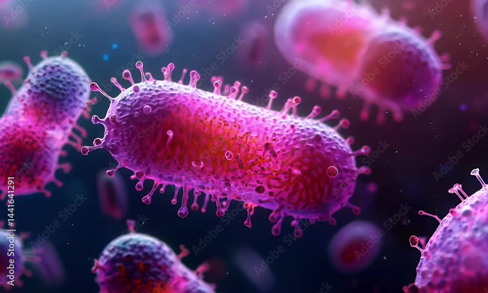 Microscopic view of bacteria and particles in a glowing liquid environment Microscopic view of bacteria and particles in a glowing liquid environment