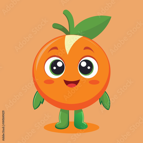 A cheerful cartoon orange character with large expressive eyes and vibrant green leaves is designed with a friendly demeanor, perfect for engaging children's imaginations.