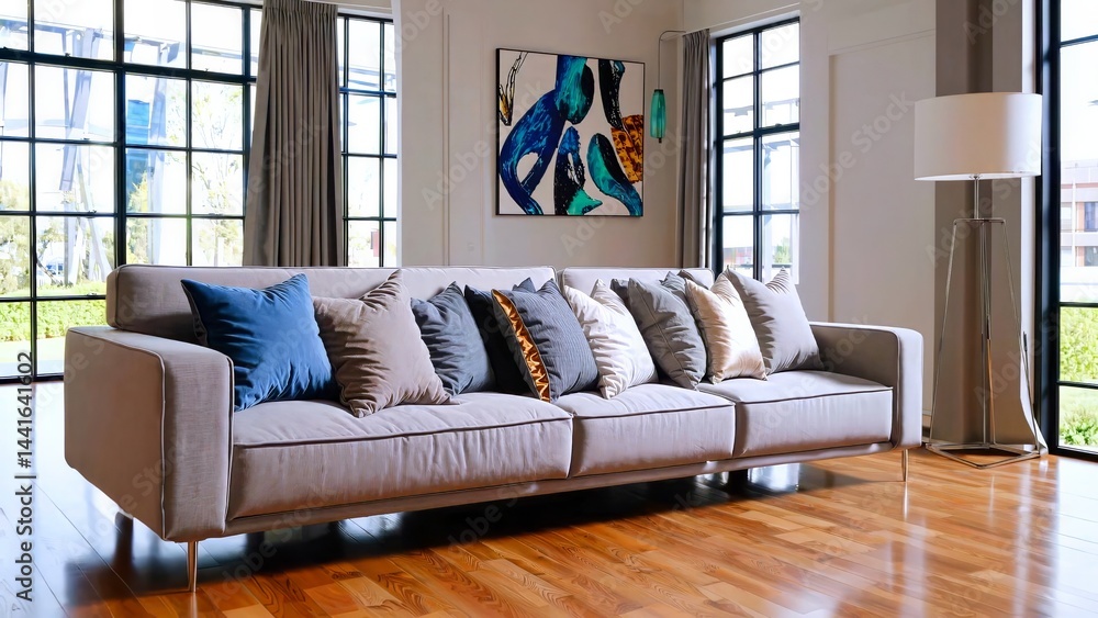 Fototapeta premium Spacious living room featuring oversized windows, plush sofa, decorative cushions, abstract artwork, floor lamp, and gleaming parquet flooring