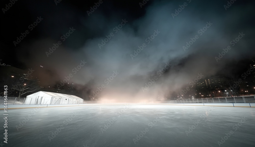 An outdoor ice skating rink at night, illuminated by bright lights and surrounded by mist and city buildings. An outdoor ice skating rink at night, illuminated by bright lights and surrounded by mist and city buildings.
