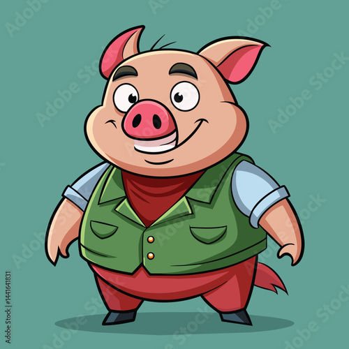 This cartoon pig character is smiling and stands proudly with its hands on its hips, showcasing a playful and confident demeanor in a vibrant light blue background.