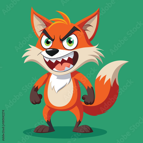 The cartoon fox stands boldly with an expressive face, showcasing vibrant orange fur and strong features while conveying a sense of determination and attitude.