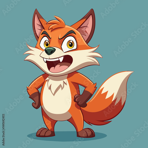 A fierce cartoon fox in a green shirt stands defiantly with an angry expression, showcasing its sharp teeth and spiky fur against a vibrant blue backdrop.