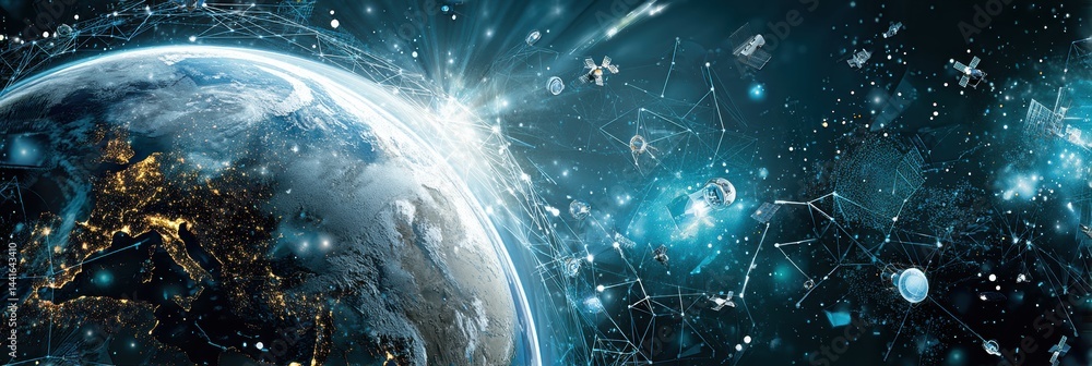 Earth Viewed From Space Surrounded by Digital Satellites and Streams of Data Highlighting Global Connectivity and Technology at Work