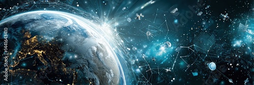 Obraz na płótnie Earth Viewed From Space Surrounded by Digital Satellites and Streams of Data Highlighting Global Connectivity and Technology at Work w salonie