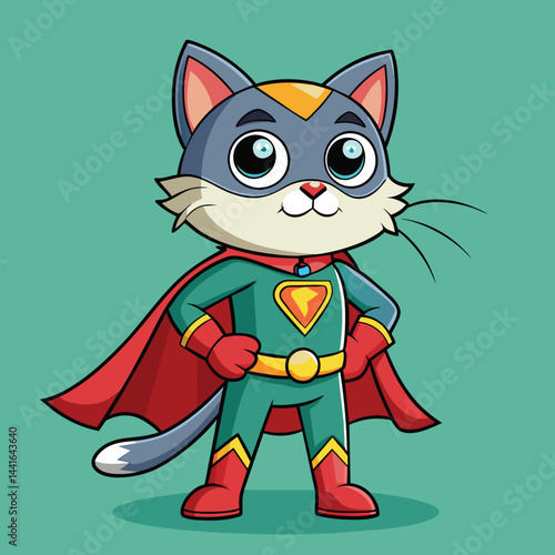 A blue, cartoon-style cat dressed as a superhero stands proudly, wearing a red cape and a bright costume, appealing to young audiences and fans of animated characters.