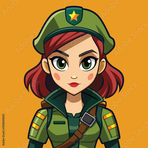 A cartoon character stands confidently in a military uniform, featuring a green hat and red hair, with a vivid red background enhancing the vibrant look.