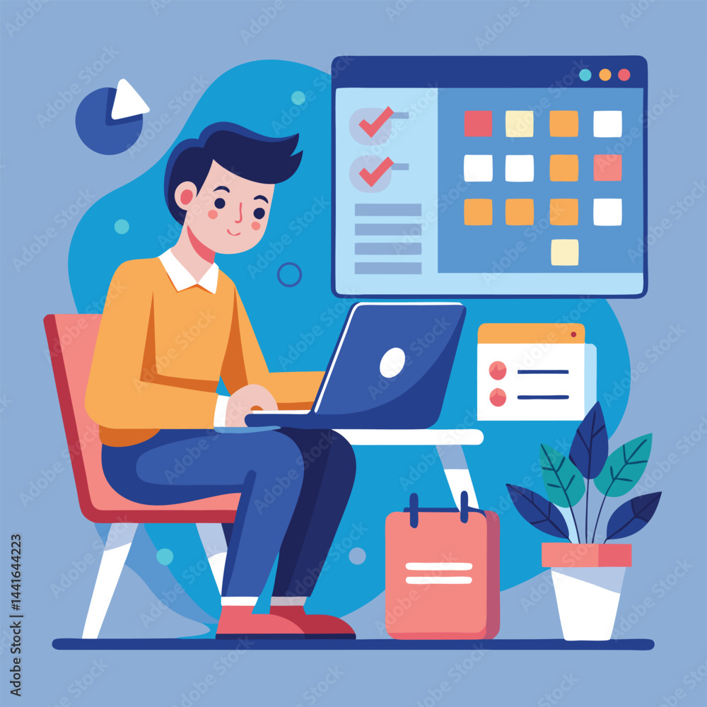 Young man with computer fills schedule calendar vector Young man with computer fills schedule calendar vector