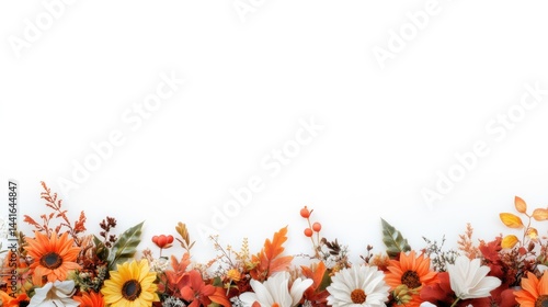 Fototapeta Naklejka Na Ścianę i Meble -  Autumnal floral border on white background. Colorful fall flowers and leaves arranged in a horizontal line