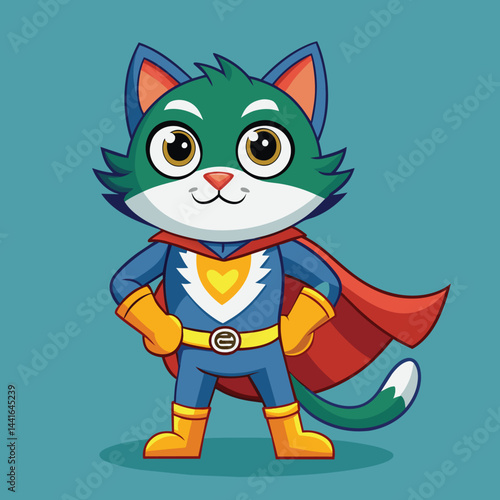 A cartoon cat dressed as a superhero stands proudly, showcasing a colorful costume with a cape and mask. The character's eyes express determination and charm.