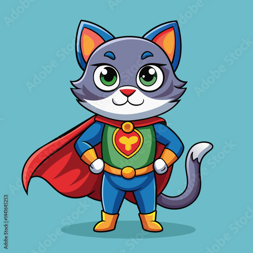 This playful superhero cat, dressed in a bright blue outfit with a red cape, poses heroically, showcasing its charming green eyes and confident demeanor.