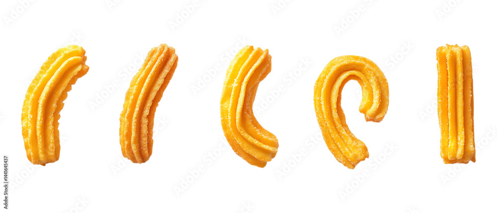 Fototapeta premium Five freshly cooked, golden Spanish churros arranged horizontally with different curved shapes, isolated on a transparent background for