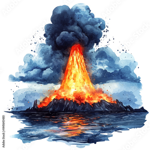 watercolor vector of Volcanic Eruption Under The Ocean With Glowing Lava, isolated on a white background.