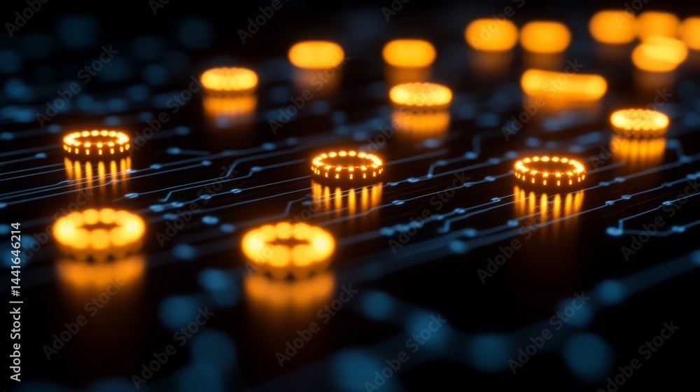 Illuminating Electronic Circuits: A macro perspective of glowing microchips integrated onto a complex circuit board. Highlighting the intricacies of technology. Illuminating Electronic Circuits: A macro perspective of glowing microchips integrated onto a complex circuit board. Highlighting the intricacies of technology.