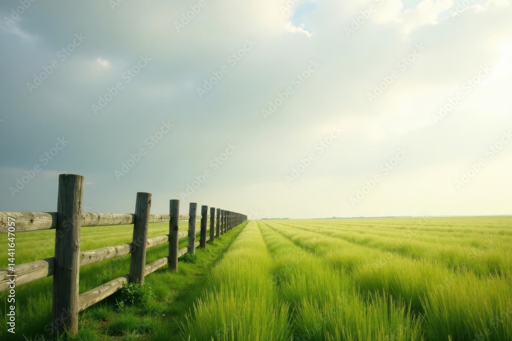 Fototapeta premium Rustic wooden fence stretches across a vibrant green field under a partly cloudy sky, offering a tranquil pastoral scene.